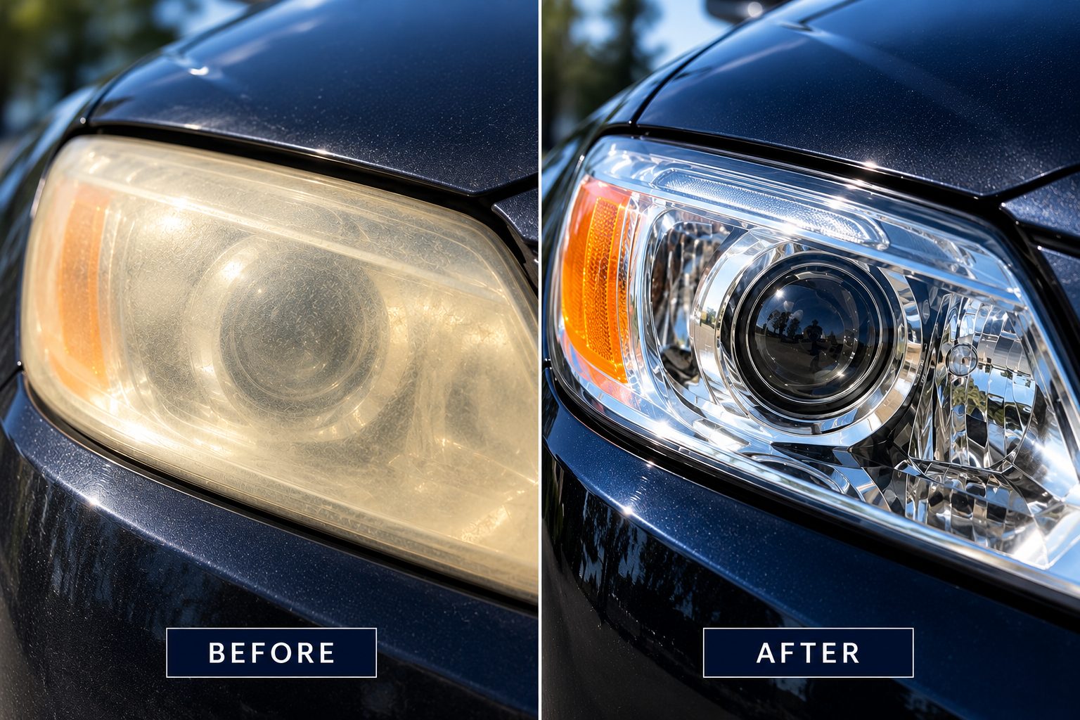 Before: yellowed, hazy headlight. After: clear restored headlight.